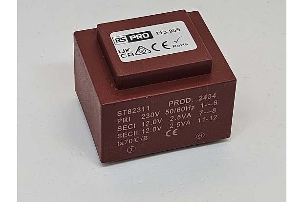 RS PRO 2x12V交流1输出PCB安装PCB变压器,5VA,符合IEC 61558-2-6标准